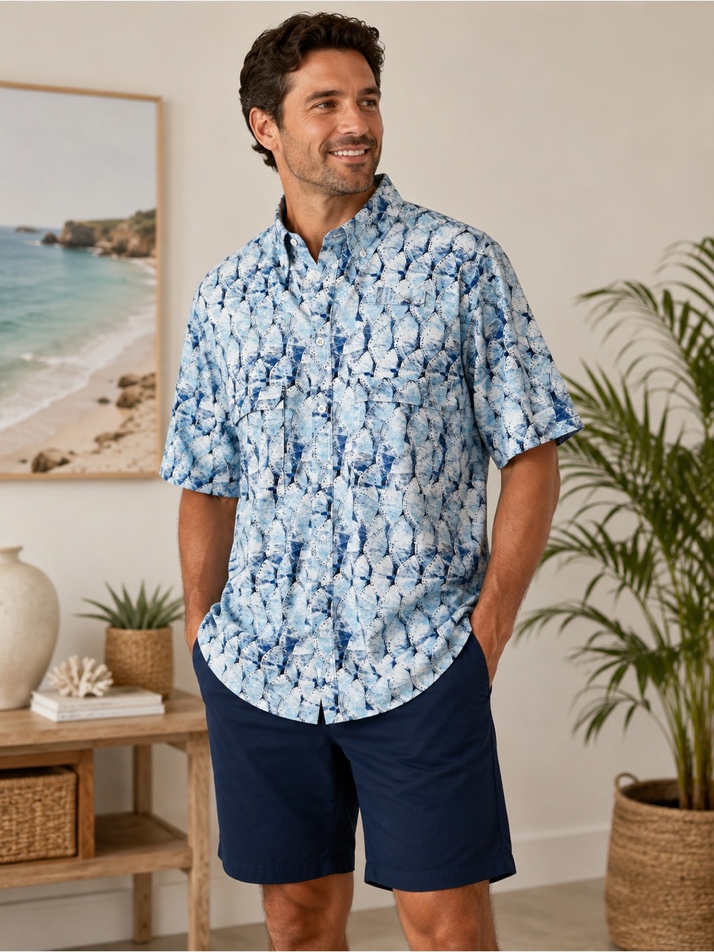 Men's Short-Sleeve Casual Button-Down Shirt in Light Blue Print